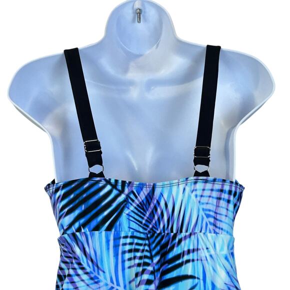 Swim Solutions Leaf It Alone Tiered Fauxkini One-Piece Blue Multi Women 8 - Picture 5 of 9